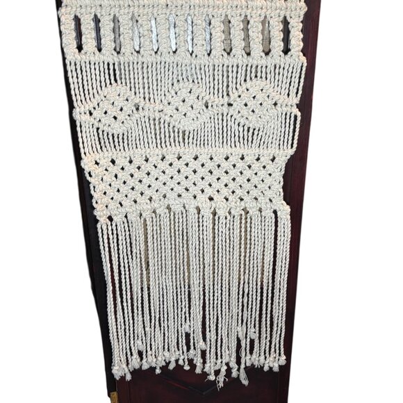 Handmade Macrame Wall Hanging Tapestry With Geometric Patterns & Fringe Beige Co - Picture 4 of 16